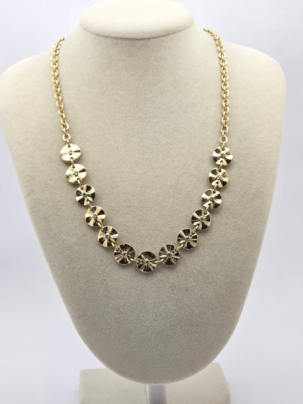 Banana Republic Gold Tone Textured Disc Rhinestone Collar Necklace 18" Boho